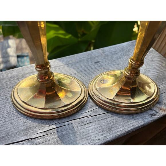 Vintage Solid Brass Candlestick Holders. tall. heavy. matching oval top & bottom - Picture 4 of 9